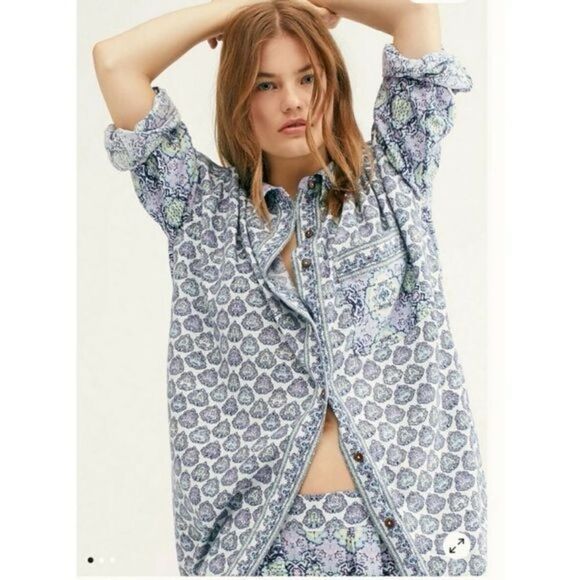 Free People Happy Holibabe Printed Long Sleeve Sleepshirt in Indigo Combo size M - Picture 2 of 16